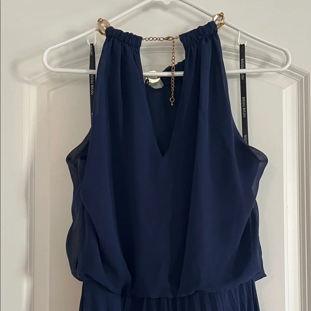 Bisou Bisou Navy Pleated Halter Maxi Dress with Chain Accent - Picture 8 of 10